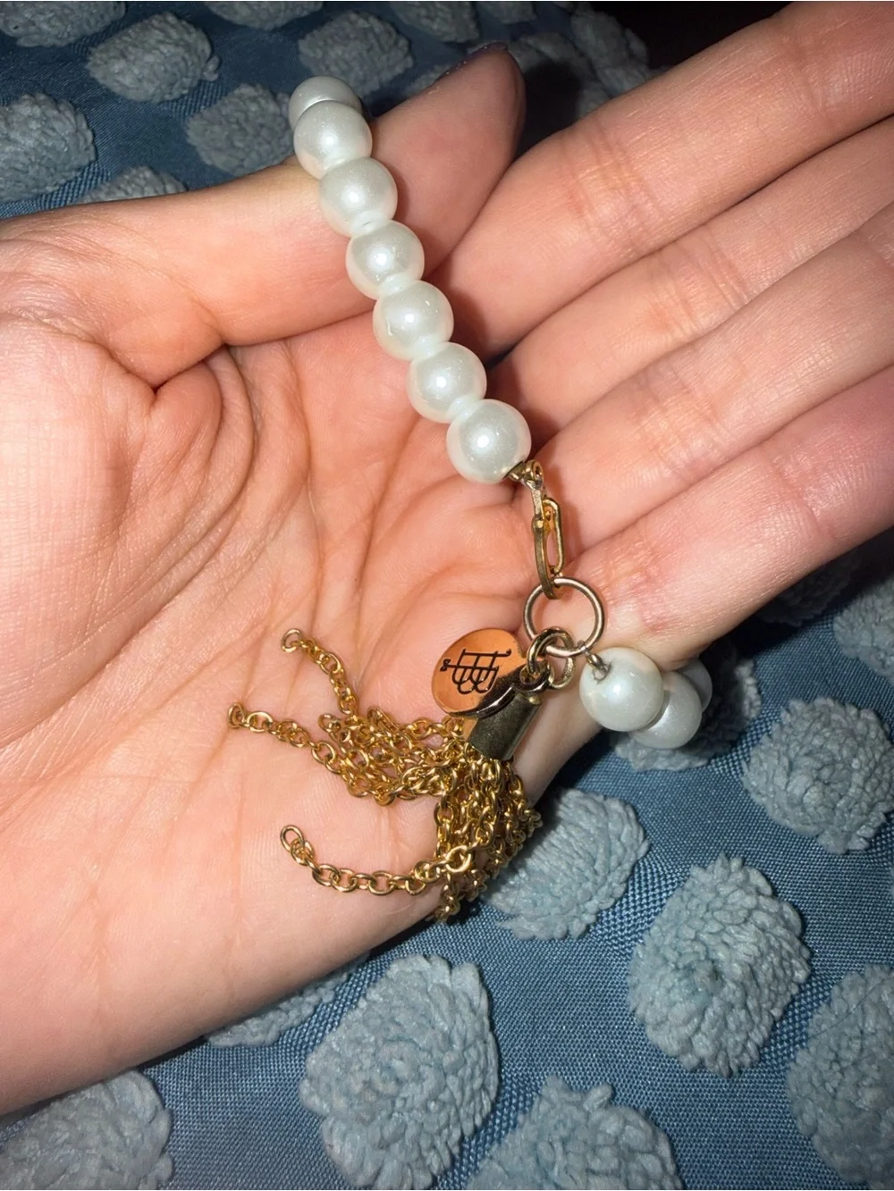 Bourbon and Bowties White Pearl Bead Ring with Silver-Tone Emblem